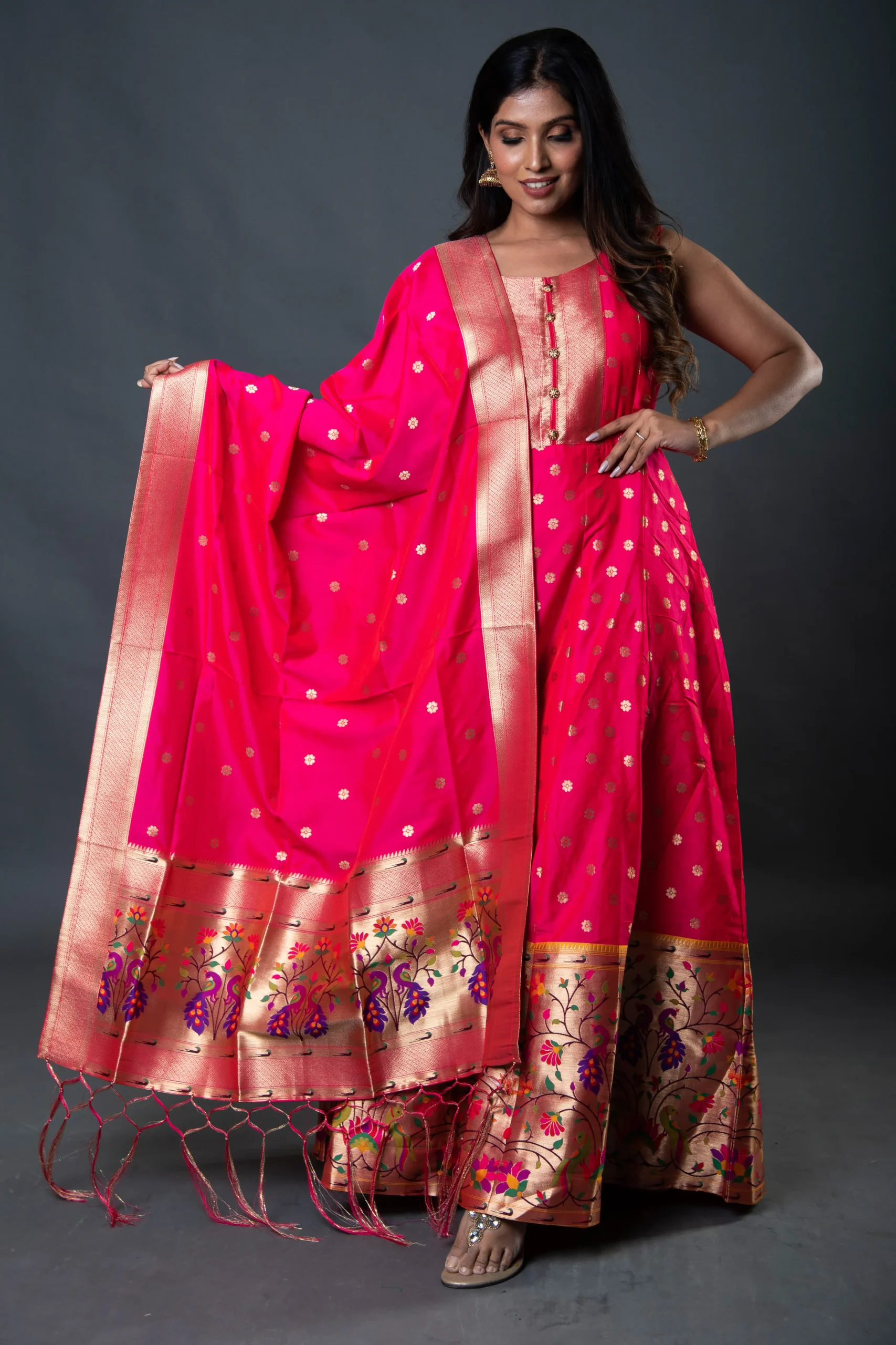 Rani pink jari neck silk paithani dress - Trending sarees at best prices